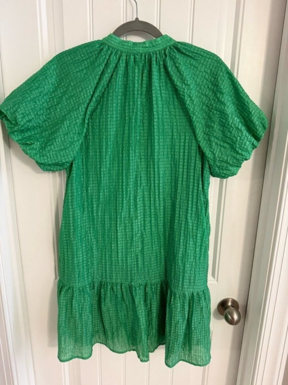 THML Green Textured Mini Dress Small Tie Neck Puff Sleeve Tier Boho Cottagecore - Picture 4 of 12